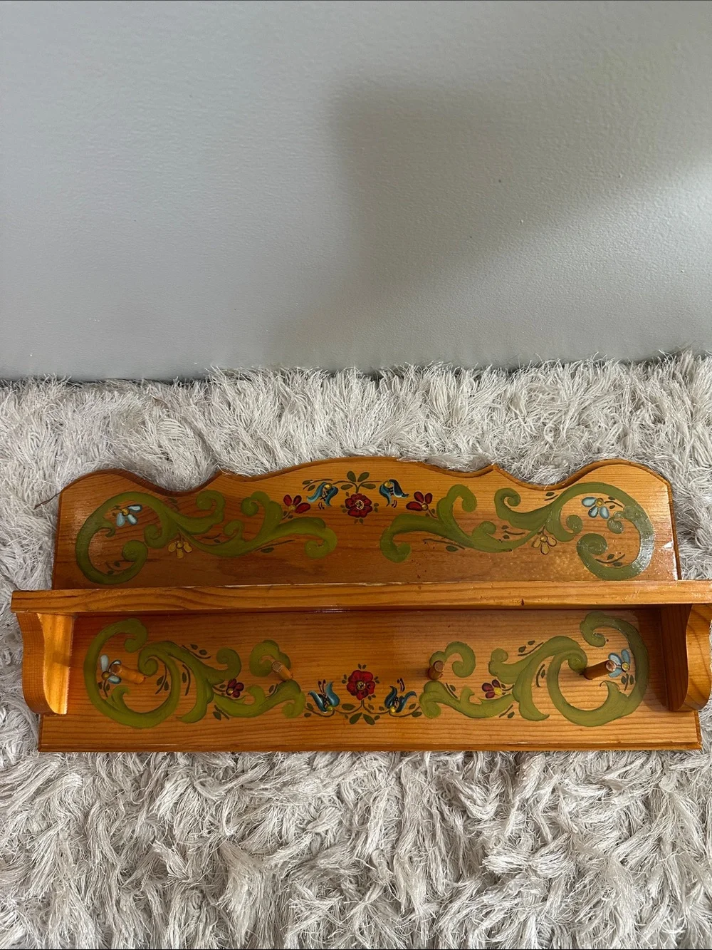 Vintage Handcrafted Wooden Folk Art Painted Shelf With Pegs Cottagecore Country